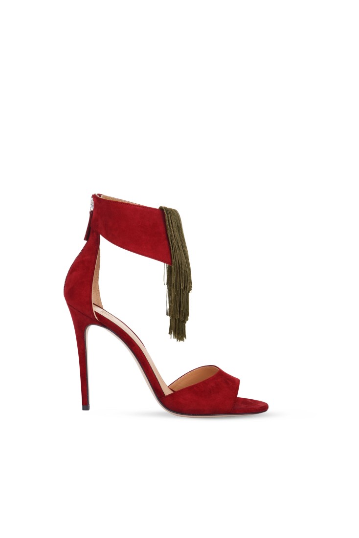 Suede Ankle Strap Heel Sandals with Silk Fringes