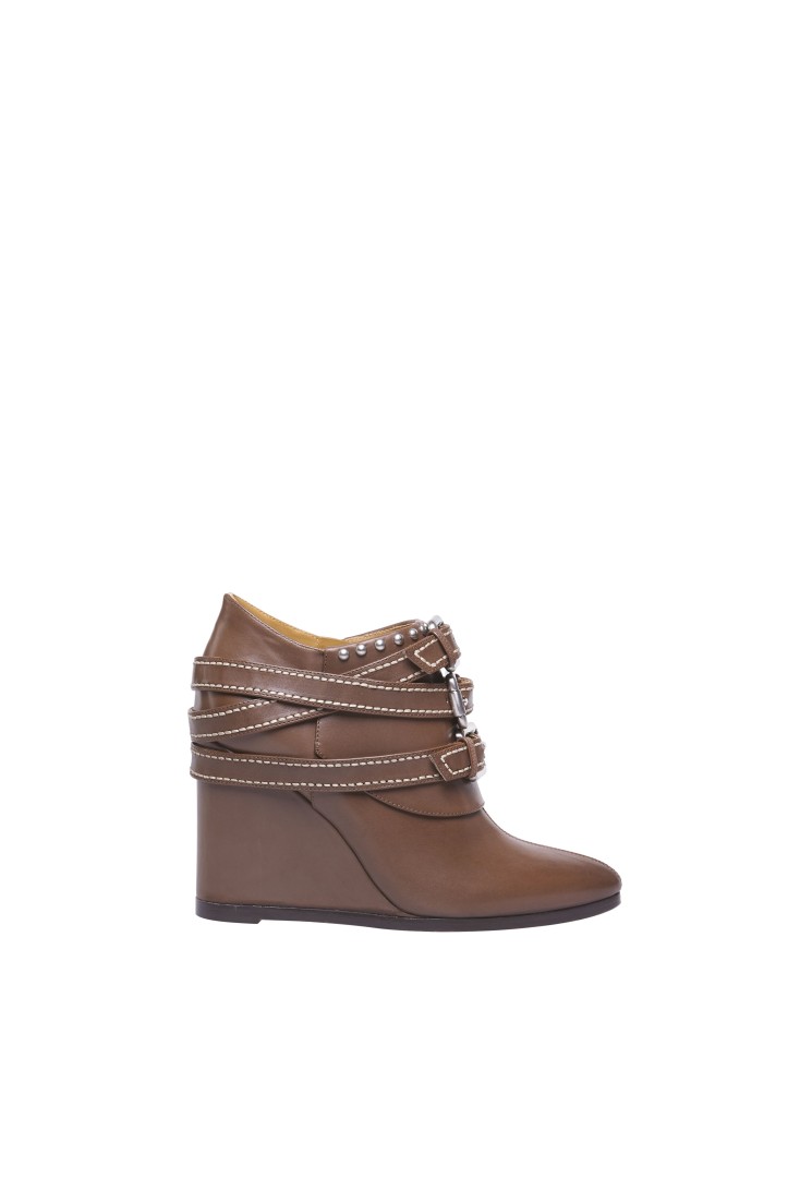 Calf Leather Buckle Wedge Ankle Boots